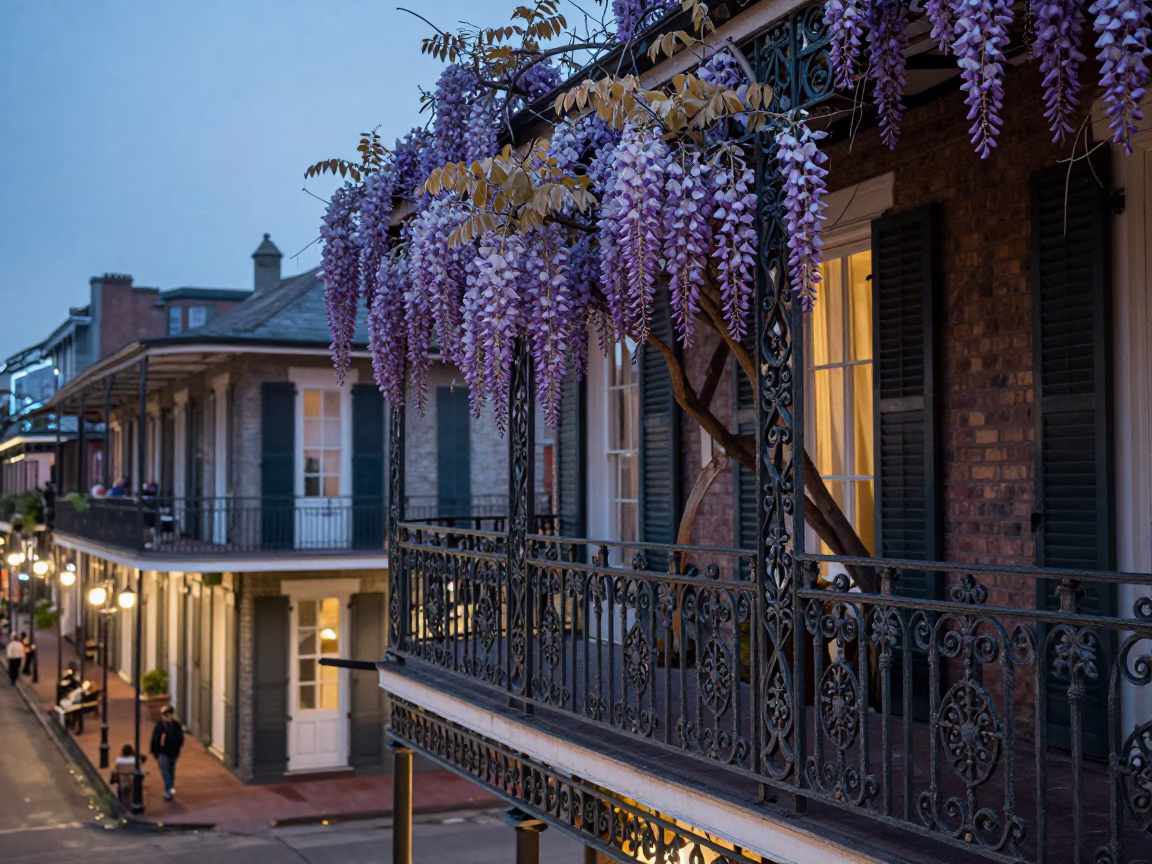 New Orleans French Quarter Balcony Wisteria and Condensation at Early Evening Blue Hour in in New Orleans, Louisiana, United States