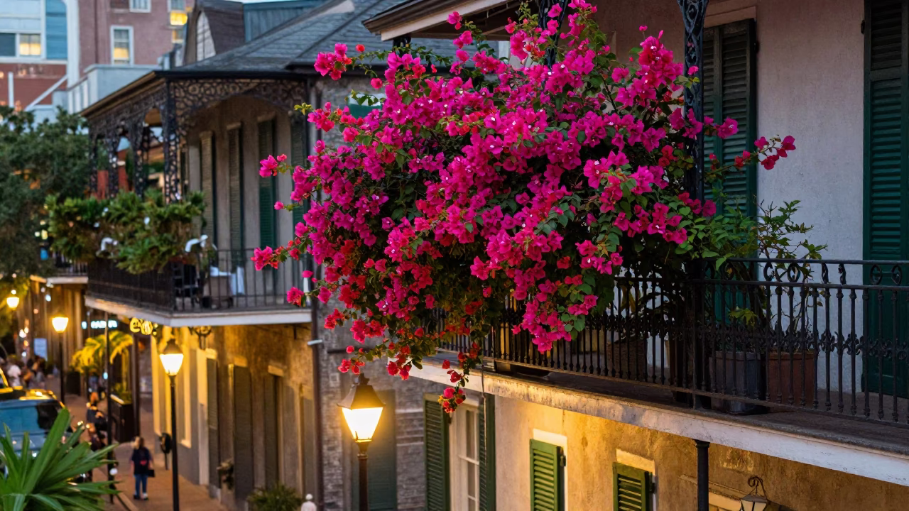 New Orleans French Quarter balcony with bougainvillea and city lights at dusk in in New Orleans, Louisiana, United States
