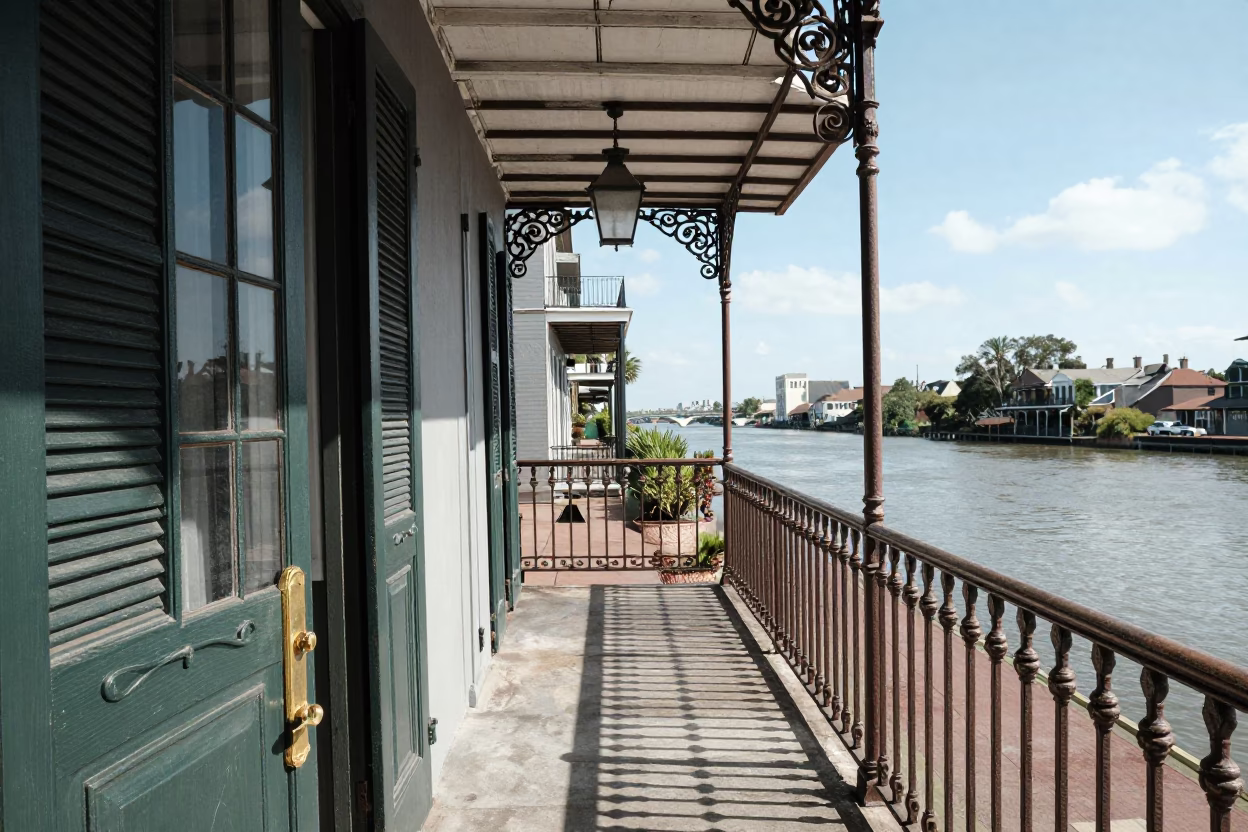 New Orleans French Quarter Balcony with Brass Rail and River View in Bright Midmorning in in New Orleans, Louisiana, United States