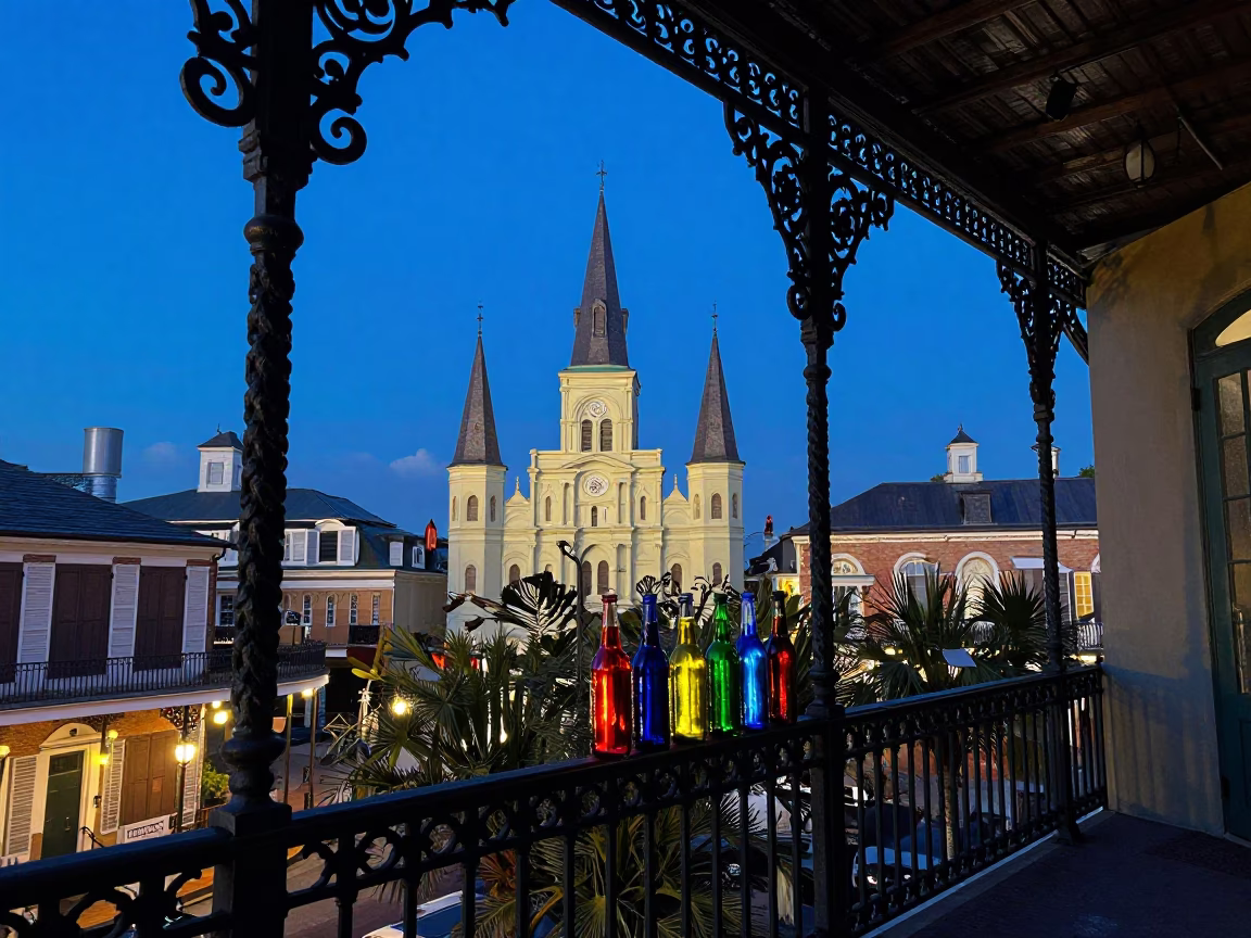 New Orleans French Quarter Balcony with Colored Glass Bottle and Evening Blue Light in in New Orleans, Louisiana, United States