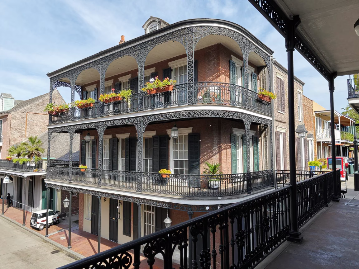 New Orleans French Quarter Balcony with Iron Railings and Street Scene at Noon in in New Orleans, Louisiana, United States