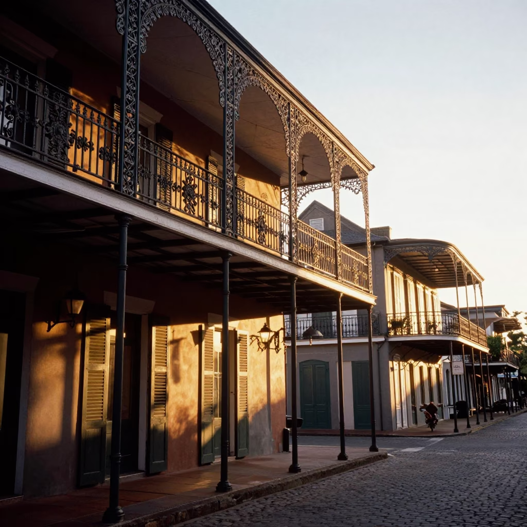 New Orleans French Quarter balcony with ironwork and golden hour light in in New Orleans, Louisiana, United States