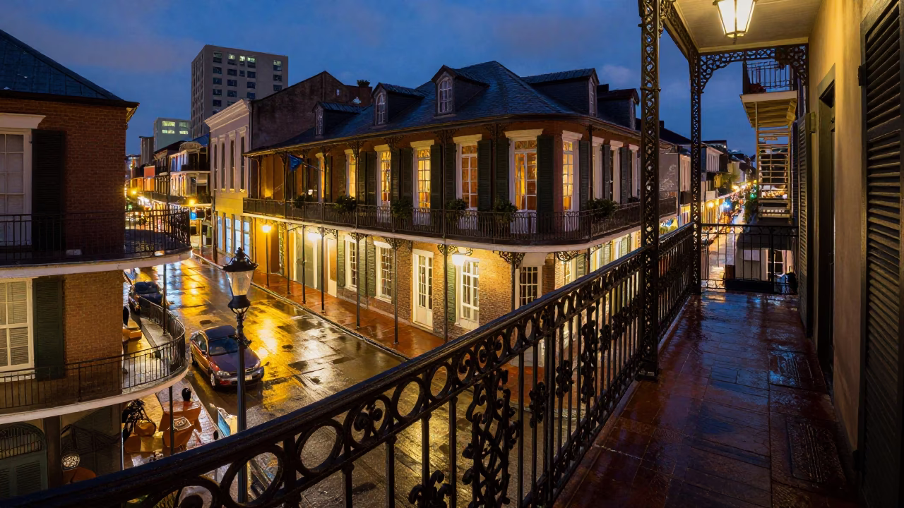 New Orleans French Quarter balcony with wrought iron and city lights in in New Orleans, Louisiana, United States