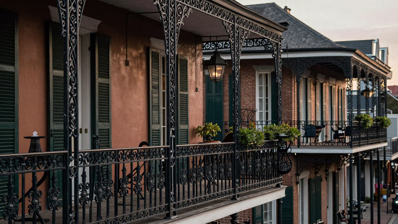 New Orleans French Quarter balcony with wrought iron railing and street lights at dusk in in New Orleans, Louisiana, United States