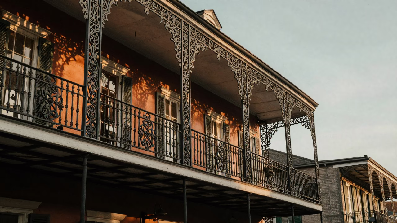 New Orleans French Quarter balcony with wrought iron railings and evening light in in New Orleans, Louisiana, United States