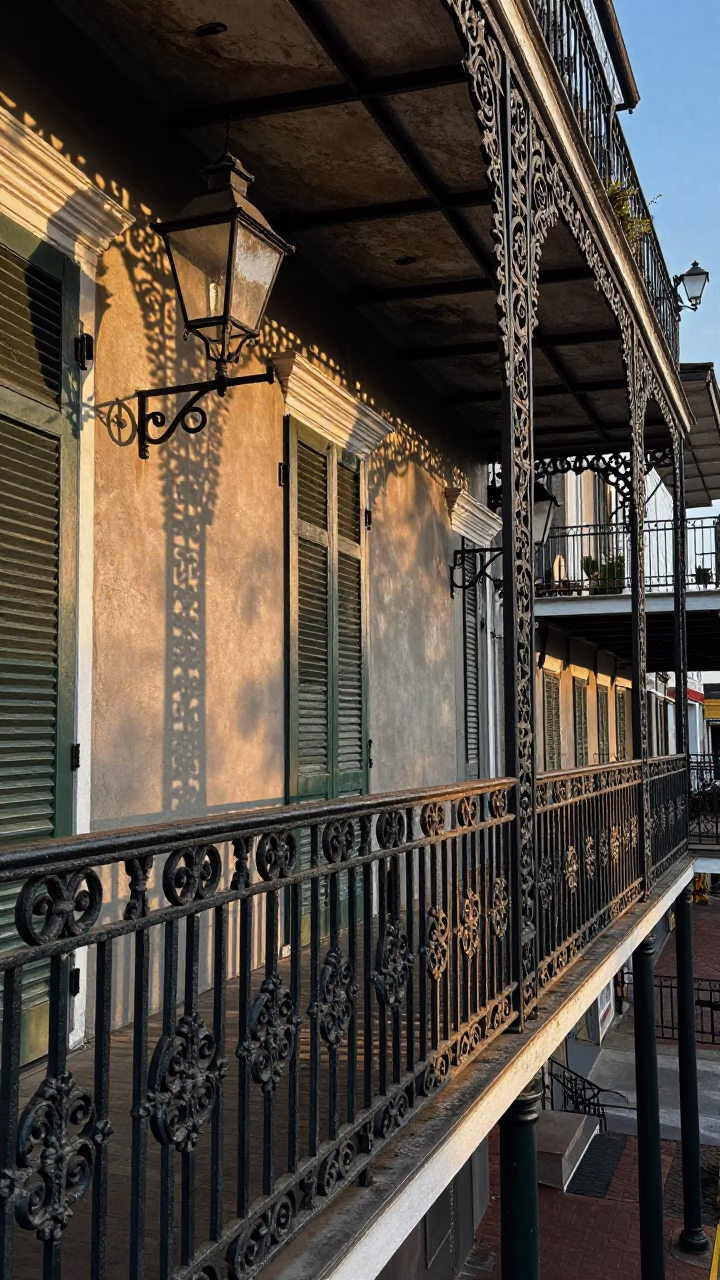 New Orleans French Quarter balcony wrought iron and street lamps early evening in in New Orleans, Louisiana, United States