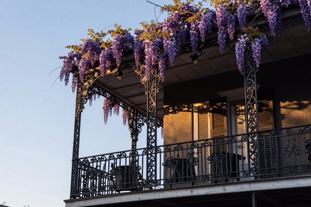 New Orleans French Quarter Balcony Wrought Iron and Wisteria at Nautical Dawn in in New Orleans, Louisiana, United States