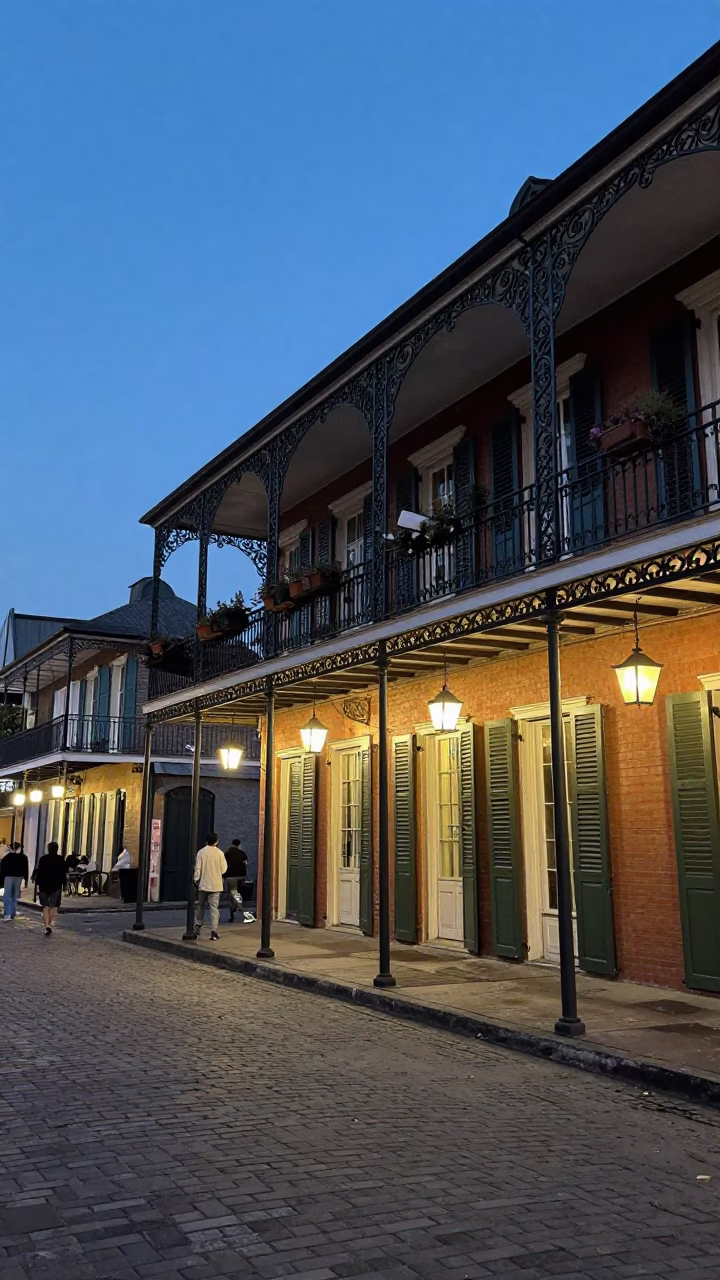 New Orleans French Quarter Blue Hour Street Scene with Vintage Details in in New Orleans, Louisiana, United States