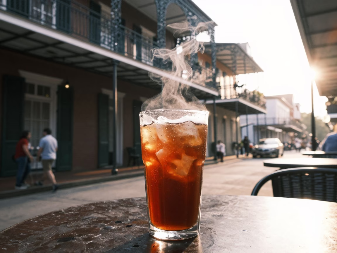 New Orleans French Quarter Cafe Morning with Condensation and Sugar Bowl in in New Orleans, Louisiana, United States