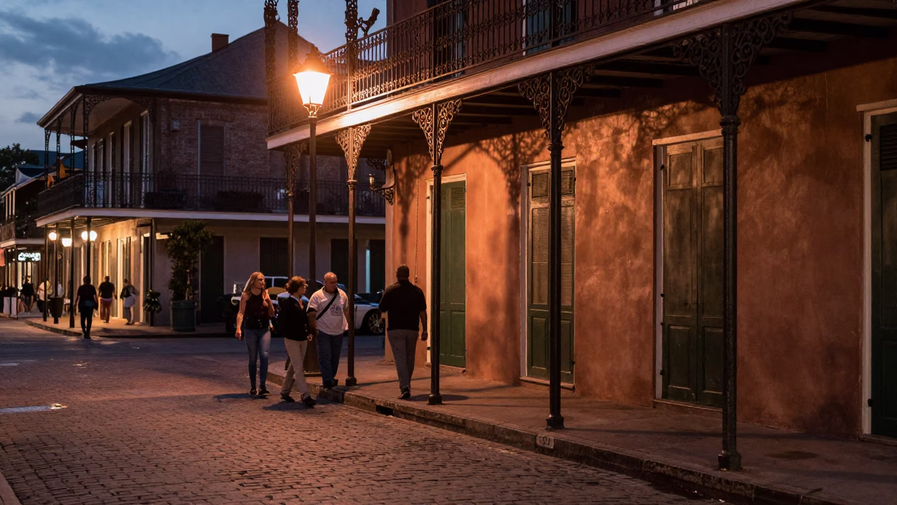 New Orleans French Quarter Copper Light Dusk Street Scene with Bicycles in in New Orleans, Louisiana, United States