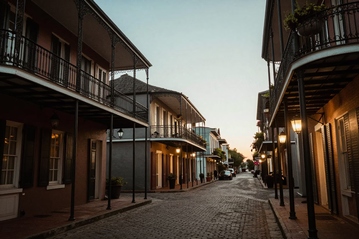 New Orleans French Quarter Dawn Street Scene with Iron Balconies and Wet Pavement in in New Orleans, Louisiana, United States