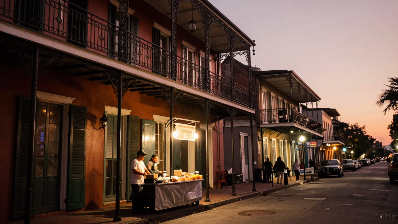 New Orleans French Quarter Dusk Street Scene with Local Food Vendor and Copper Light in in New Orleans, Louisiana, United States