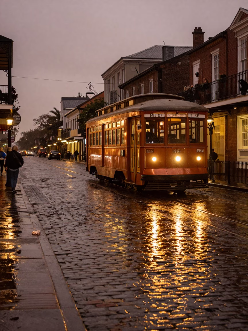 New Orleans French Quarter Dusk Tram Reflection on Wet Cobblestones in in New Orleans, Louisiana, United States