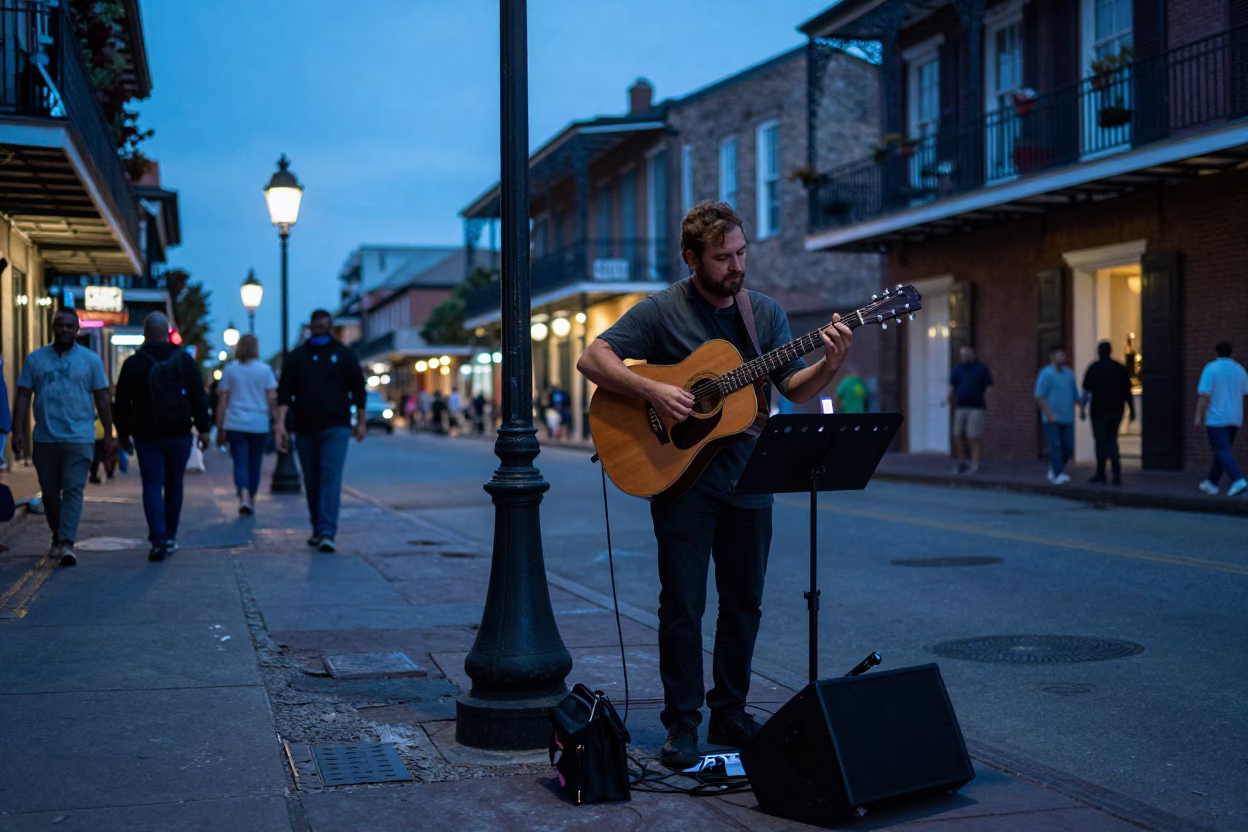 New Orleans French Quarter Evening Street Musician Playing Guitar Under Blue Light in in New Orleans, Louisiana, United States