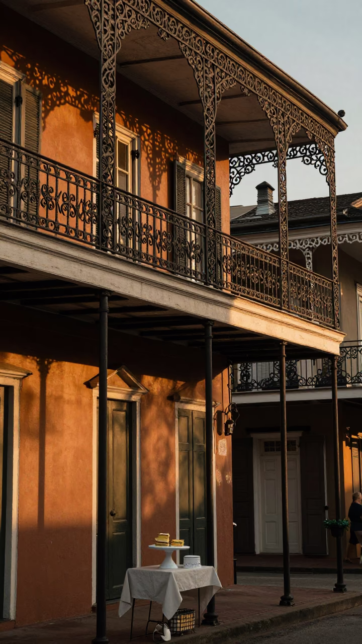 New Orleans French Quarter Evening Street Scene with Cake Stand and Utensil Crocks in in New Orleans, Louisiana, United States