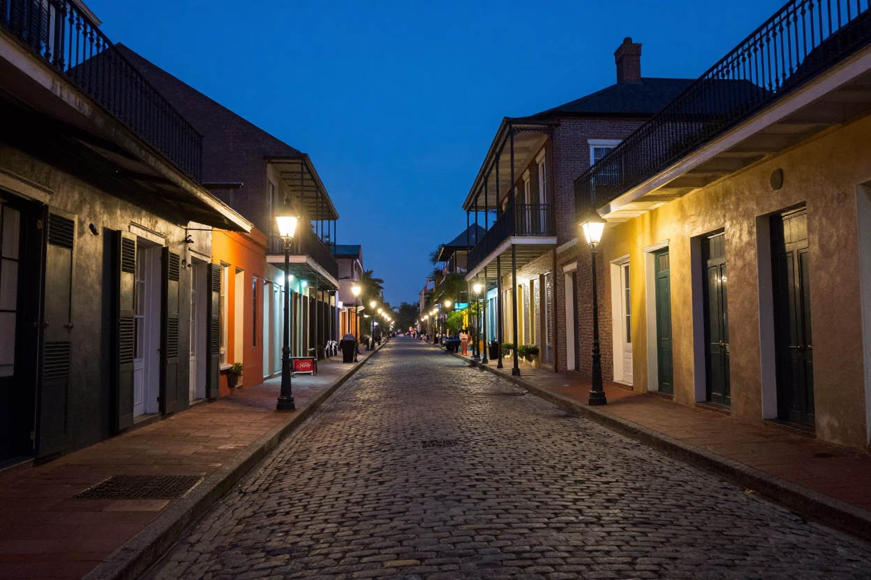 New Orleans French Quarter Evening Street Scene with Cobblestones and Gas Lamps in in New Orleans, Louisiana, United States
