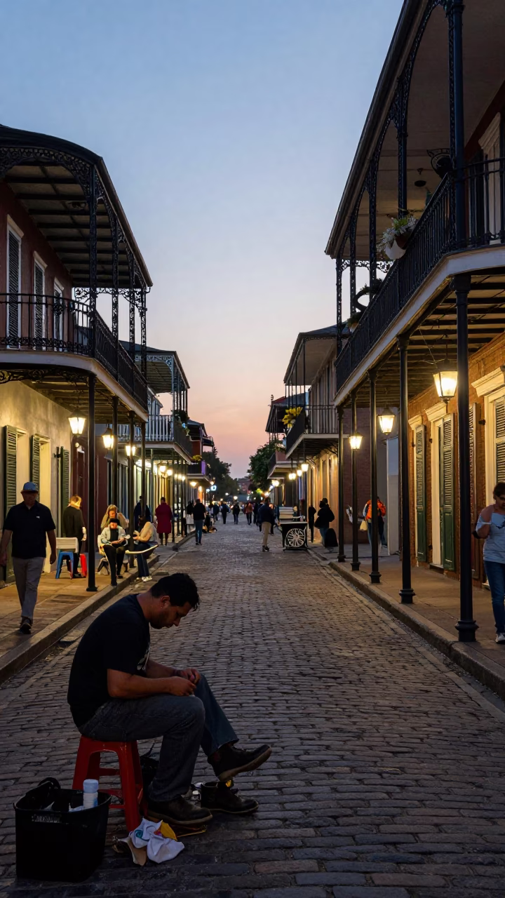 New Orleans French Quarter Evening Street Scene with Cobblestones and Local Vendor in in New Orleans, Louisiana, United States