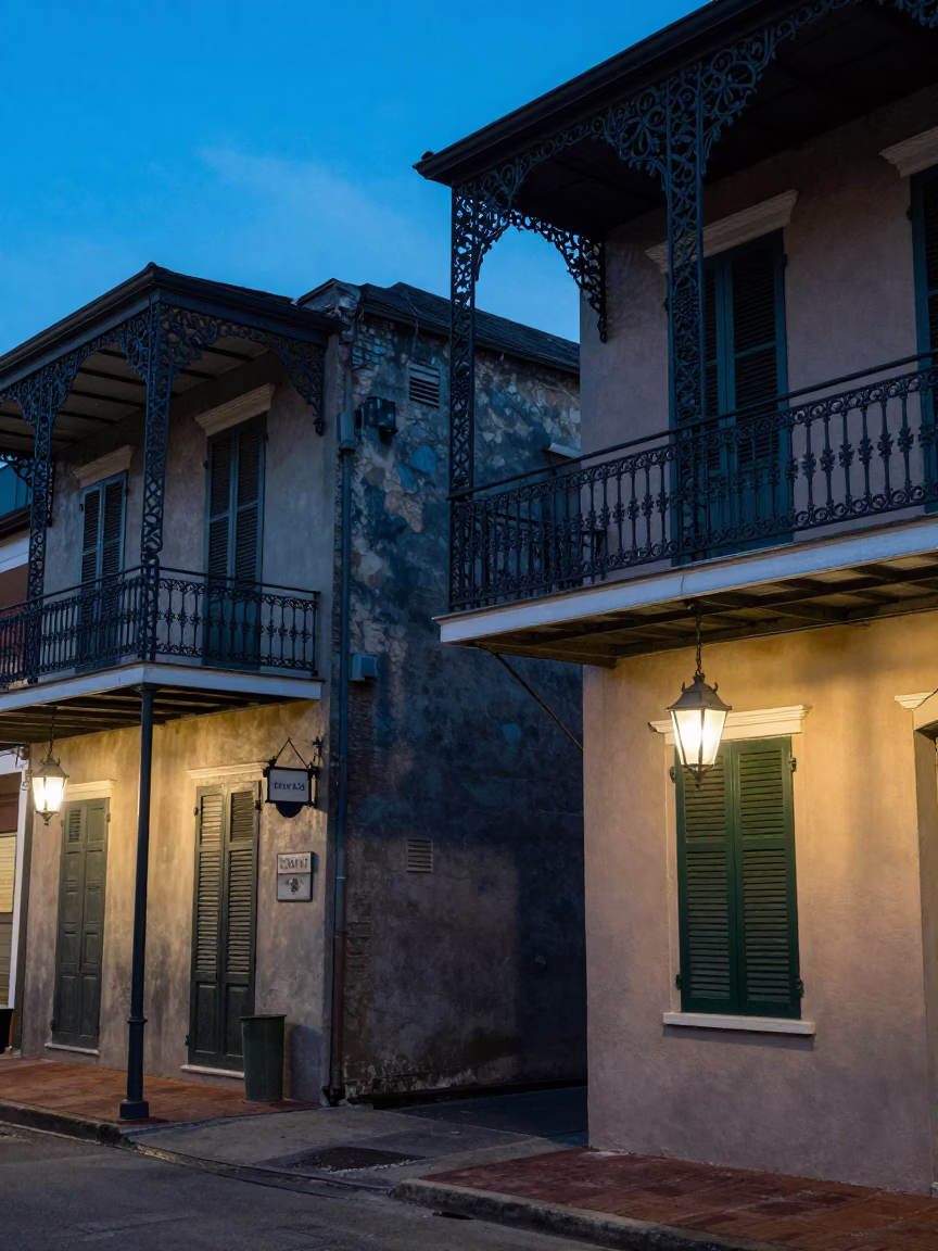 New Orleans French Quarter Evening Street Scene with Historic Architecture and Blue Hour Light in in New Orleans, Louisiana, United States