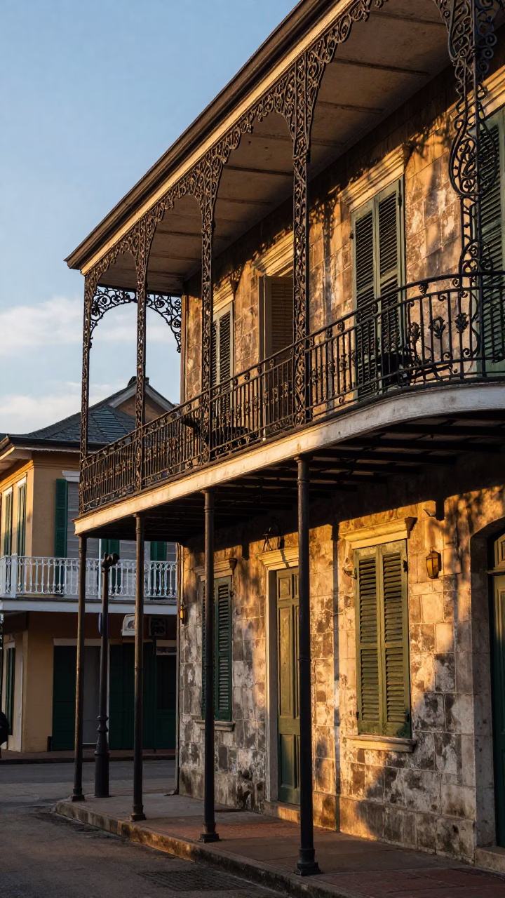 New Orleans French Quarter Evening Street Scene with Iron Balconies and Local Life in in New Orleans, Louisiana, United States