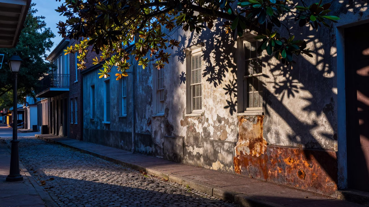 New Orleans French Quarter Evening Street Scene with Rust and Dappled Shadows in in New Orleans, Louisiana, United States