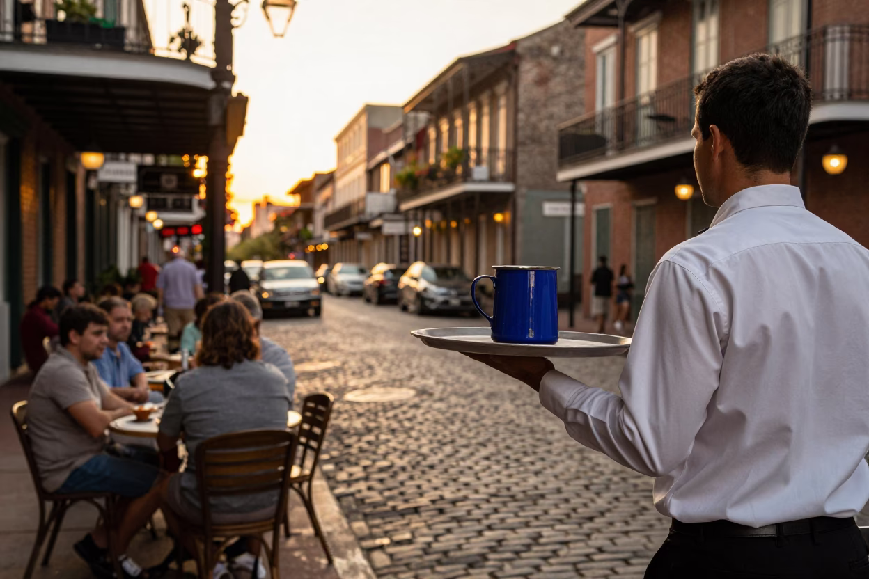New Orleans French Quarter Evening Street Scene with Vintage Details in in New Orleans, Louisiana, United States