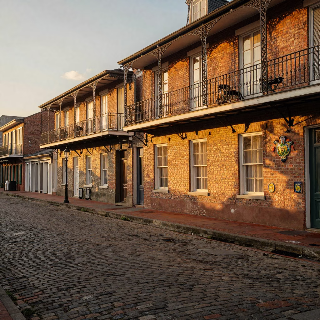 New Orleans French Quarter Evening Street Scene with Vintage Majolica Plate and Kapok Tree in in New Orleans, Louisiana, United States