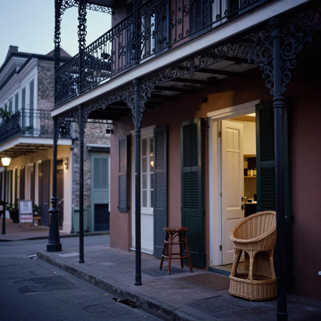 New Orleans French Quarter Evening Street Scene with Wicker Hamper and Bar Stools in in New Orleans, Louisiana, United States