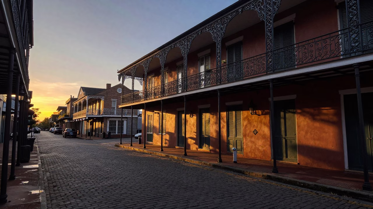 New Orleans French Quarter evening street scene with wrought iron balconies and sunset light in in New Orleans, Louisiana, United States
