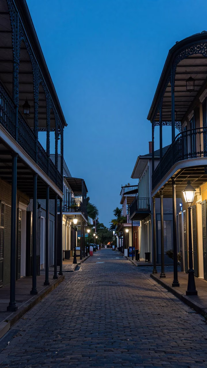 New Orleans French Quarter Indigo Twilight Street Scene with Iron Balconies in in New Orleans, Louisiana, United States