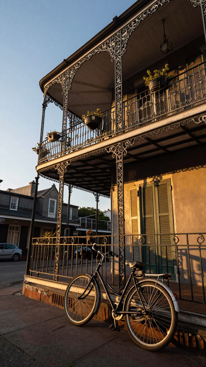 New Orleans French Quarter Iron Balcony and Bicycle at Golden Hour in in New Orleans, Louisiana, United States