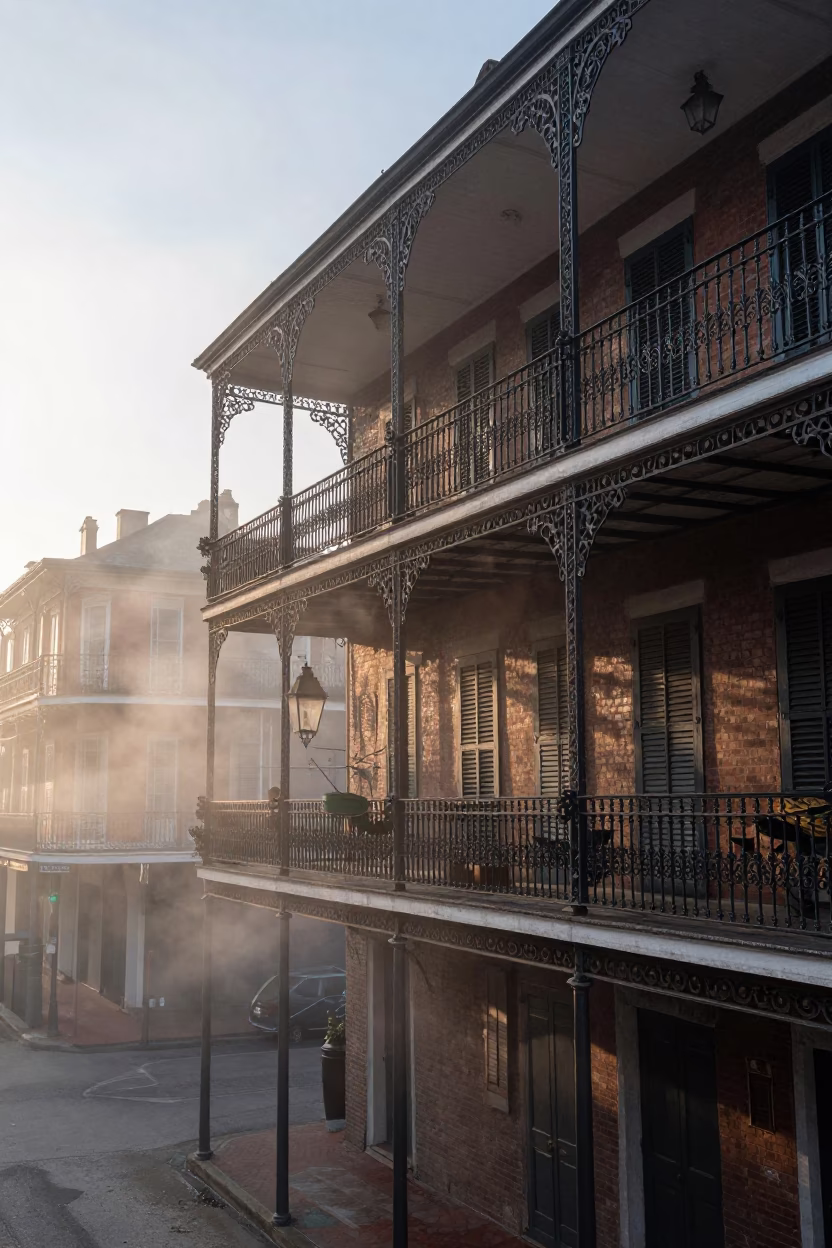 New Orleans French Quarter Iron Balcony and Steam at Dawn with Local Street Life in in New Orleans, Louisiana, United States
