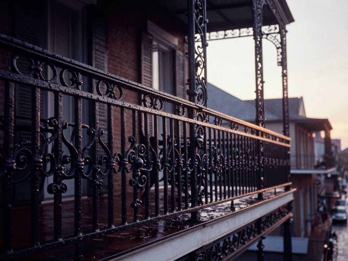 New Orleans French Quarter Iron Balcony Detail at Dawn with Rust and Rain in in New Orleans, Louisiana, United States