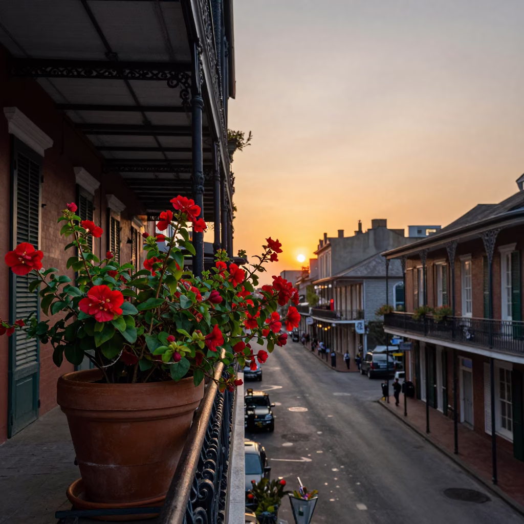 New Orleans French Quarter Iron Balcony Flowering Plant Sunset View in in New Orleans, Louisiana, United States