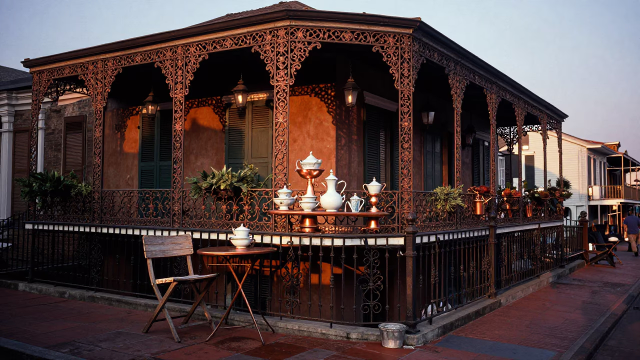New Orleans French Quarter Iron Balcony Porcelain Tea Set Copper Light Before Dusk in in New Orleans, Louisiana, United States