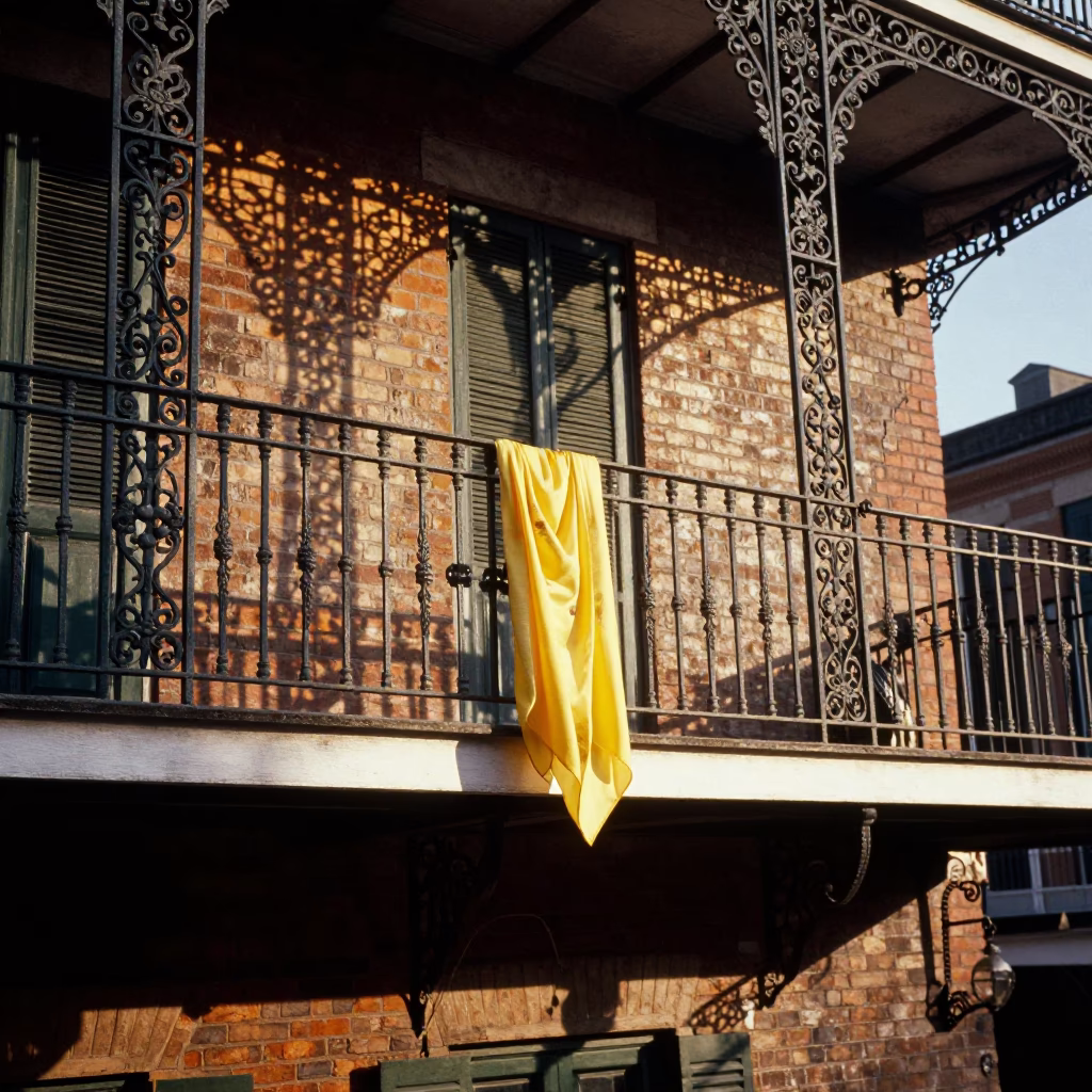 New Orleans French Quarter Ironwork Balcony Golden Hour Street Scene in in New Orleans, Louisiana, United States