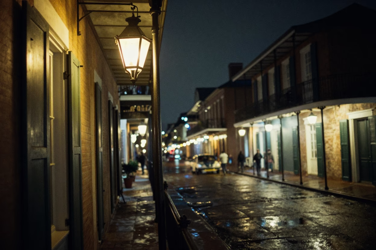 New Orleans French Quarter late night street scene with lantern and clipboard in in New Orleans, Louisiana, United States