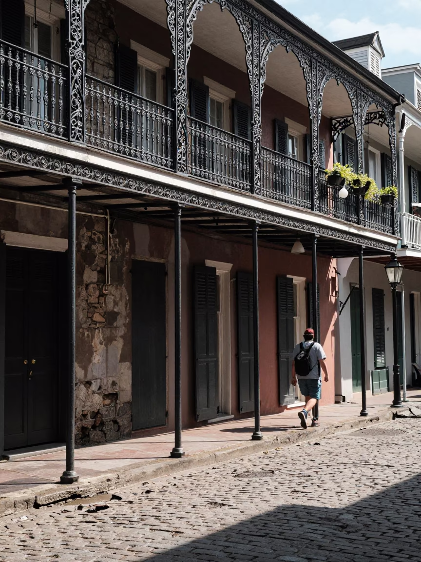 New Orleans French Quarter Midday Street Scene with Iron Balconies and Local Life in in New Orleans, Louisiana, United States