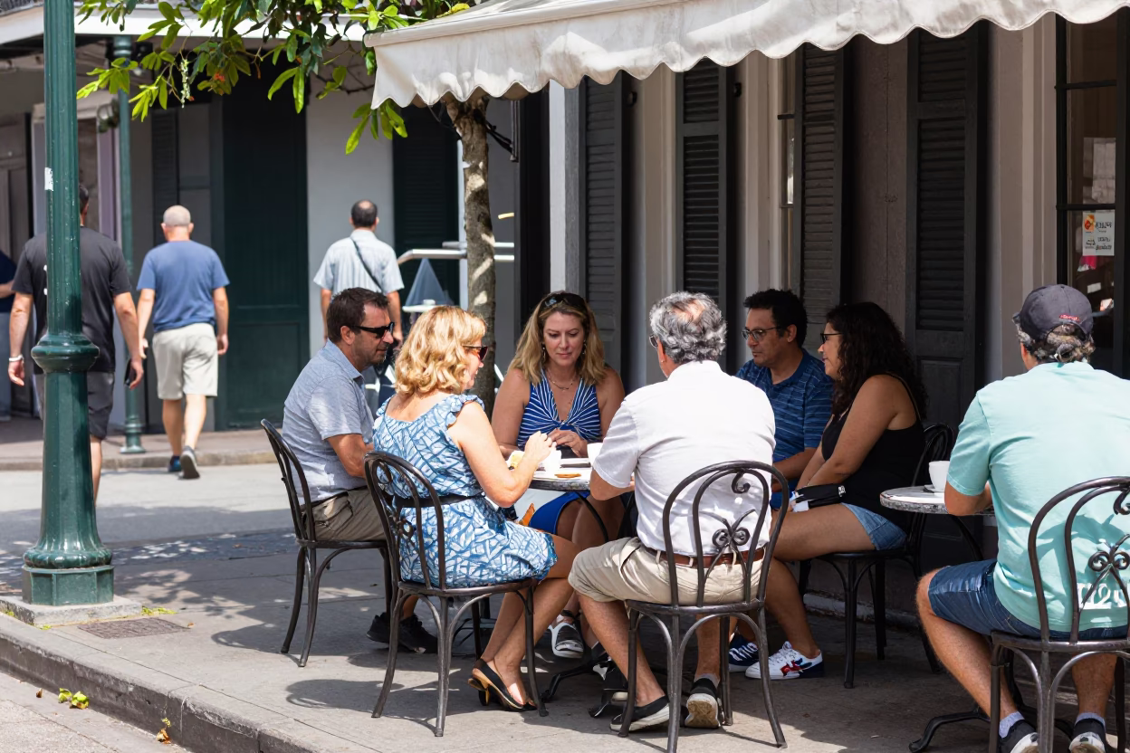 New Orleans French Quarter Midday Street Scene with Local Dining and Architecture in in New Orleans, Louisiana, United States