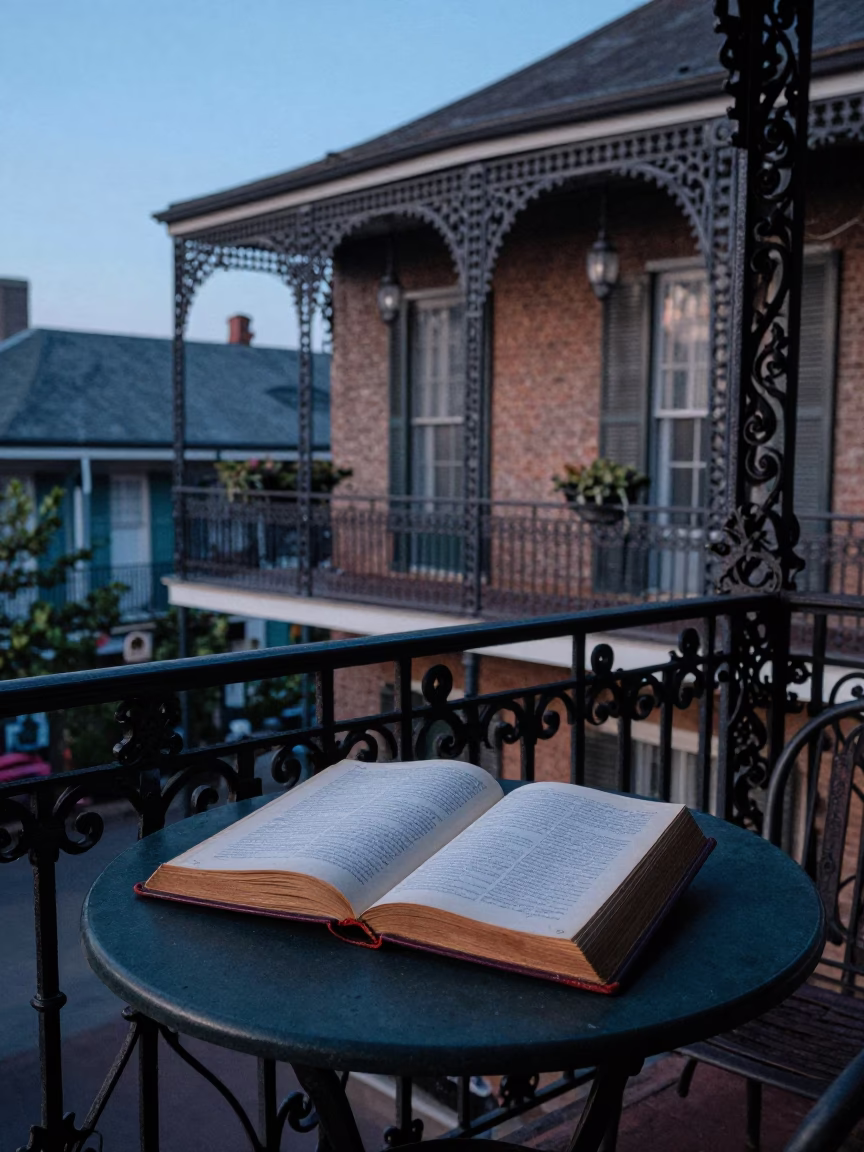 New Orleans French Quarter Morning Light on Historic Balcony with Ledger and Linen Fringe in in New Orleans, Louisiana, United States