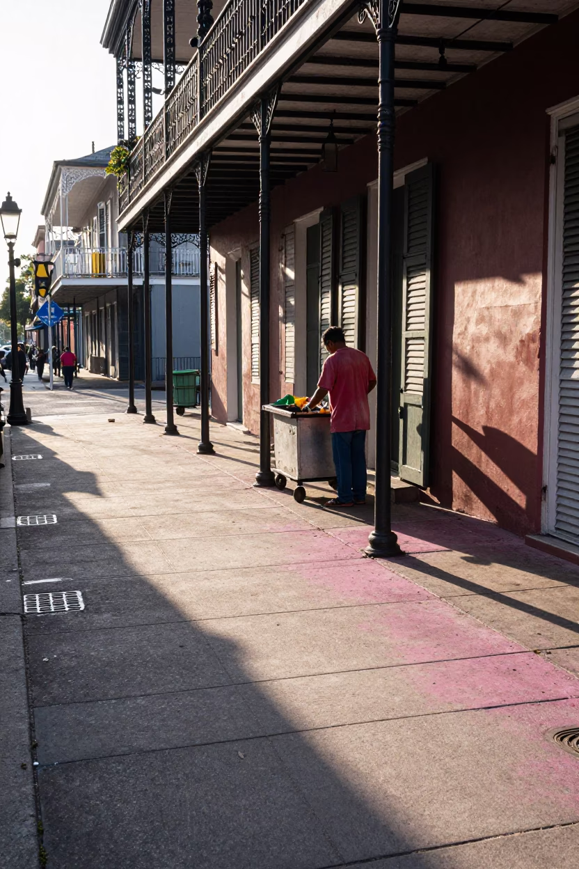 New Orleans French Quarter Morning Sunlight Shadows Tiled Floor and Street Life in in New Orleans, Louisiana, United States