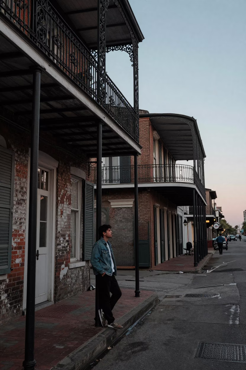 New Orleans French Quarter Nautical Dawn Street Scene with Vintage 1990s Aesthetic in in New Orleans, Louisiana, United States