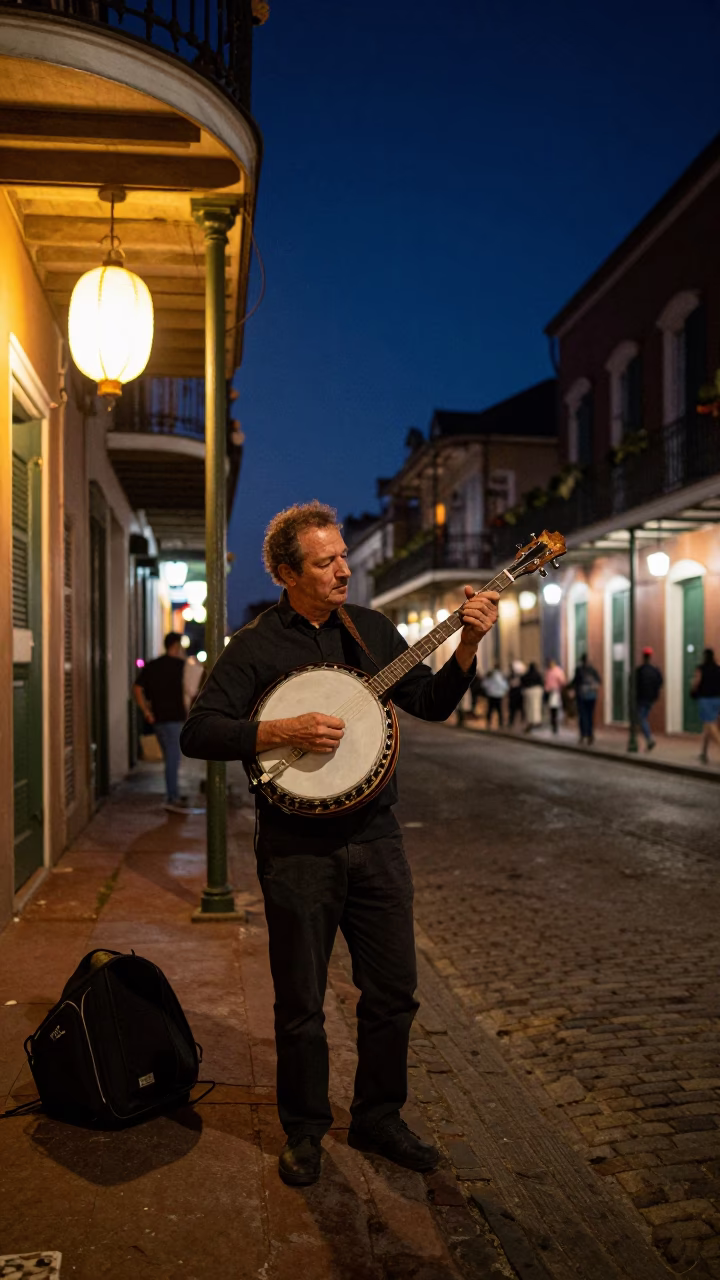 New Orleans French Quarter Night Scene with Banjo Player and Lantern Light in in New Orleans, Louisiana, United States