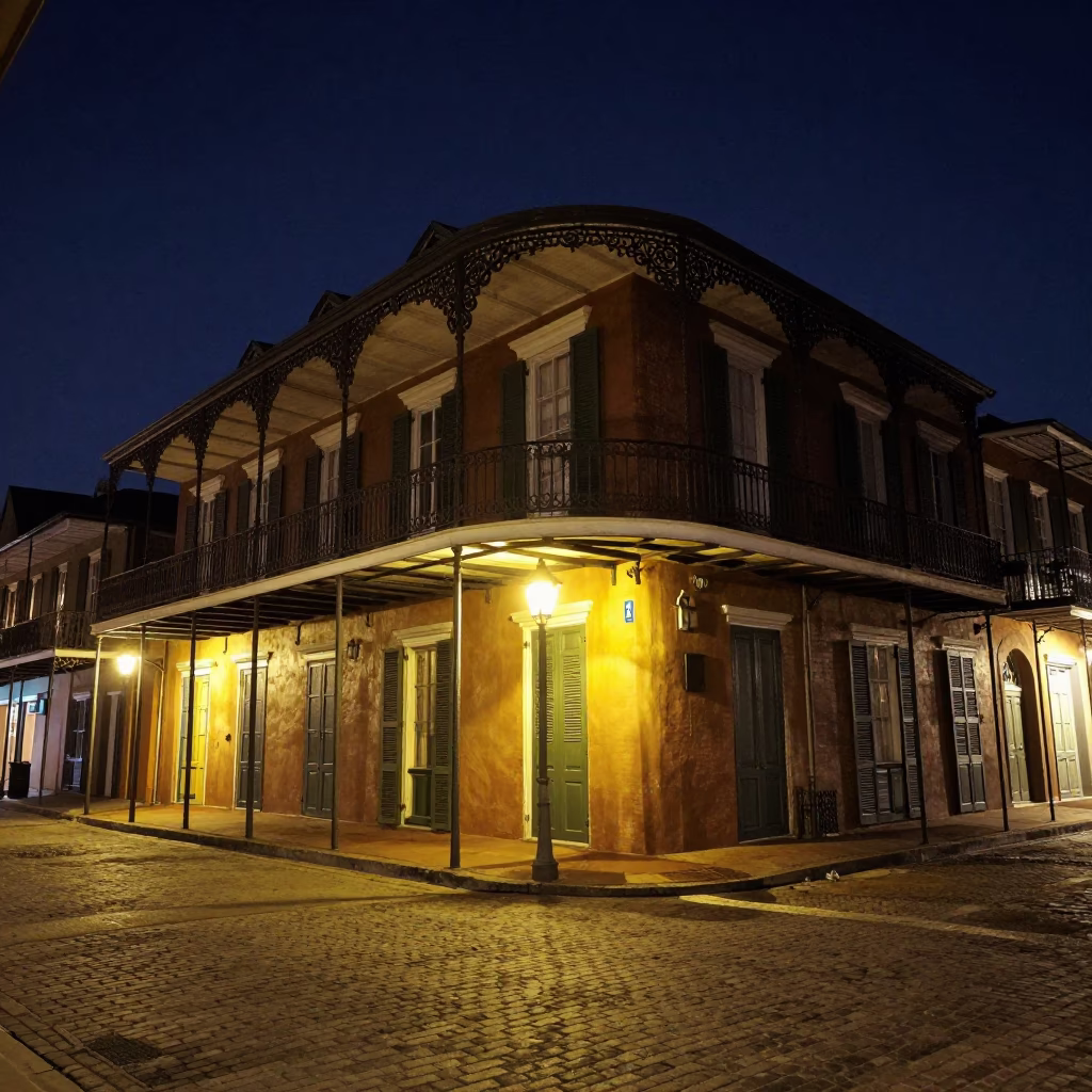 New Orleans French Quarter Night Scene with Iron Balcony and Ceramic Tile Details in in New Orleans, Louisiana, United States