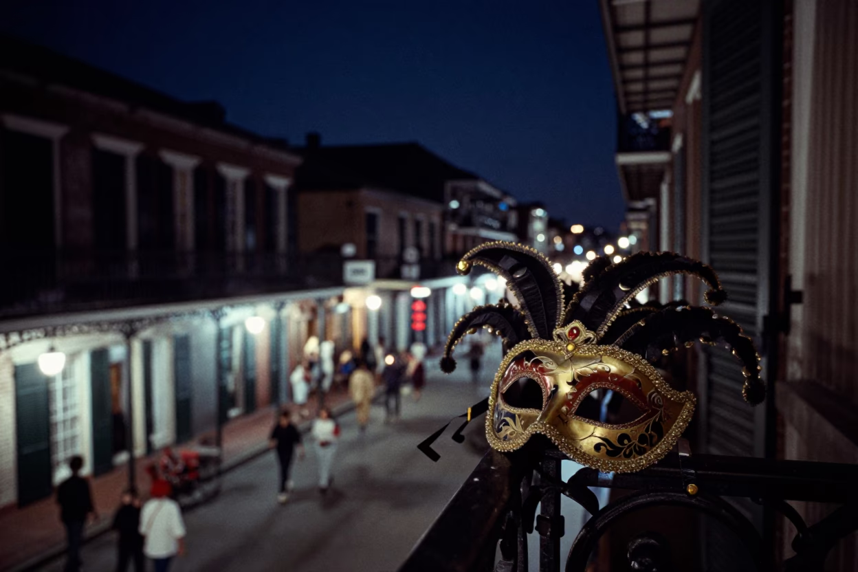 New Orleans French Quarter Night Street Scene with Carnival Mask and Candlelight in in New Orleans, Louisiana, United States