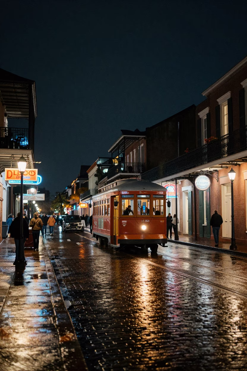 New Orleans French Quarter Night Street Scene with Heritage Streetcar and Rain in in New Orleans, Louisiana, United States