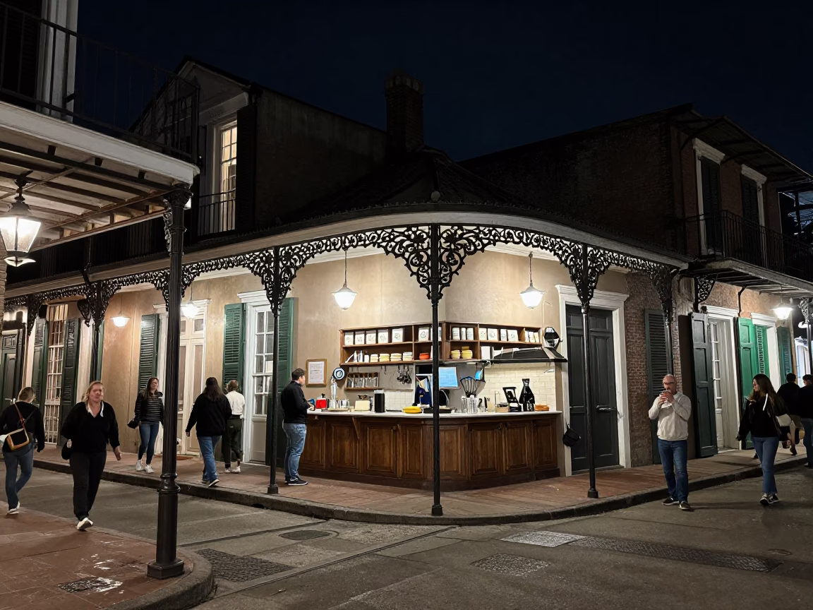New Orleans French Quarter Night Street Scene with Vintage Kitchen Utensil Display in in New Orleans, Louisiana, United States