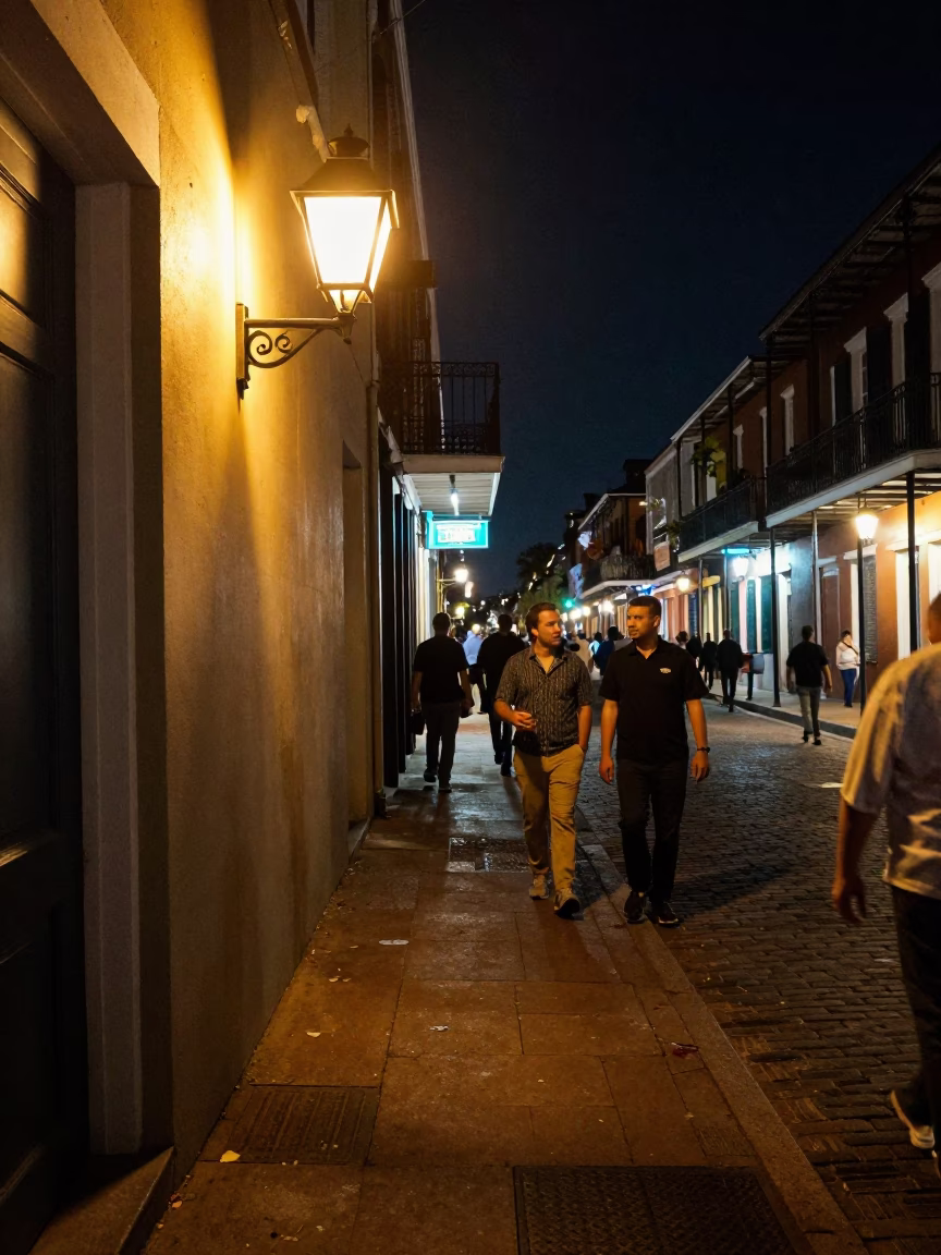 New Orleans French Quarter Night Street Scene with Wall Sconce and Local Interaction in in New Orleans, Louisiana, United States