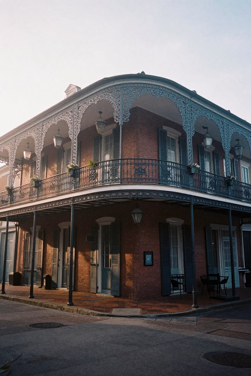 New Orleans French Quarter Street Corner at Dawn with Iron Balconies and Morning Mist in in New Orleans, Louisiana, United States