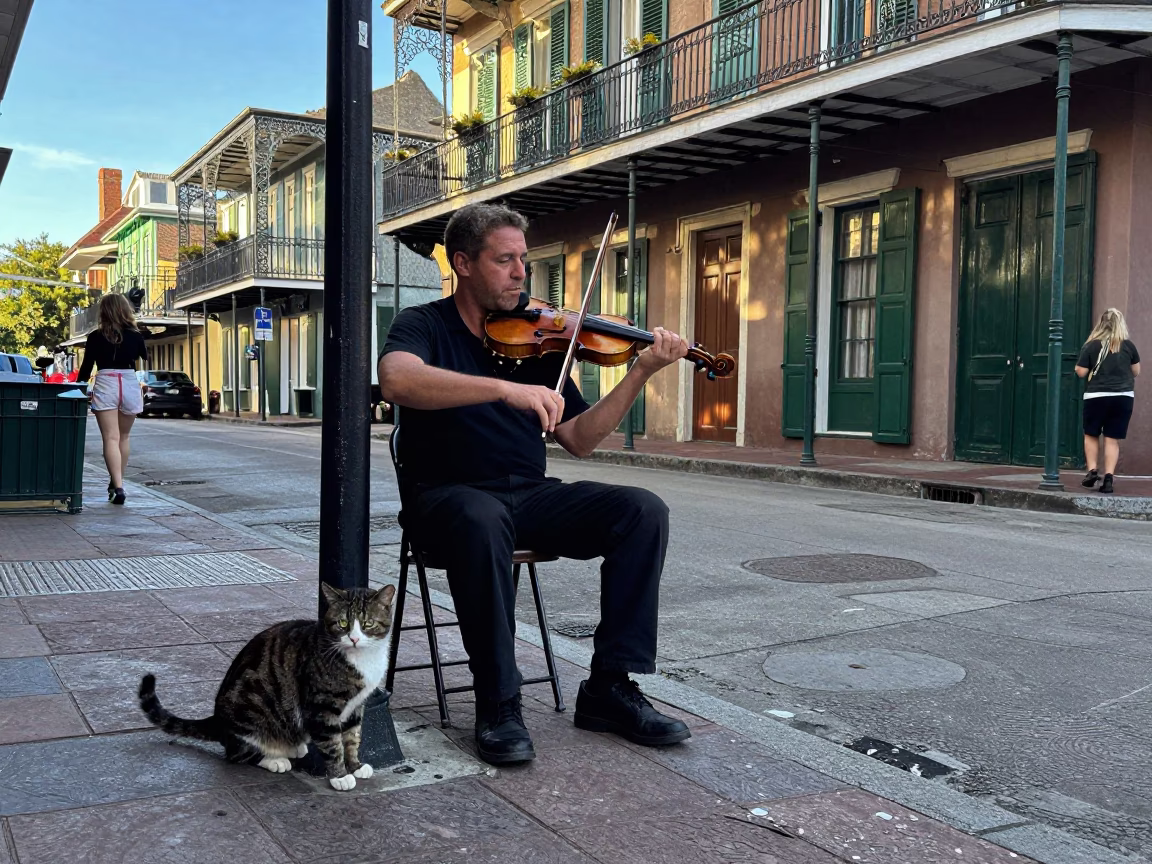 New Orleans French Quarter Street Corner with Violinist and Cat in Late Afternoon Light in in New Orleans, Louisiana, United States