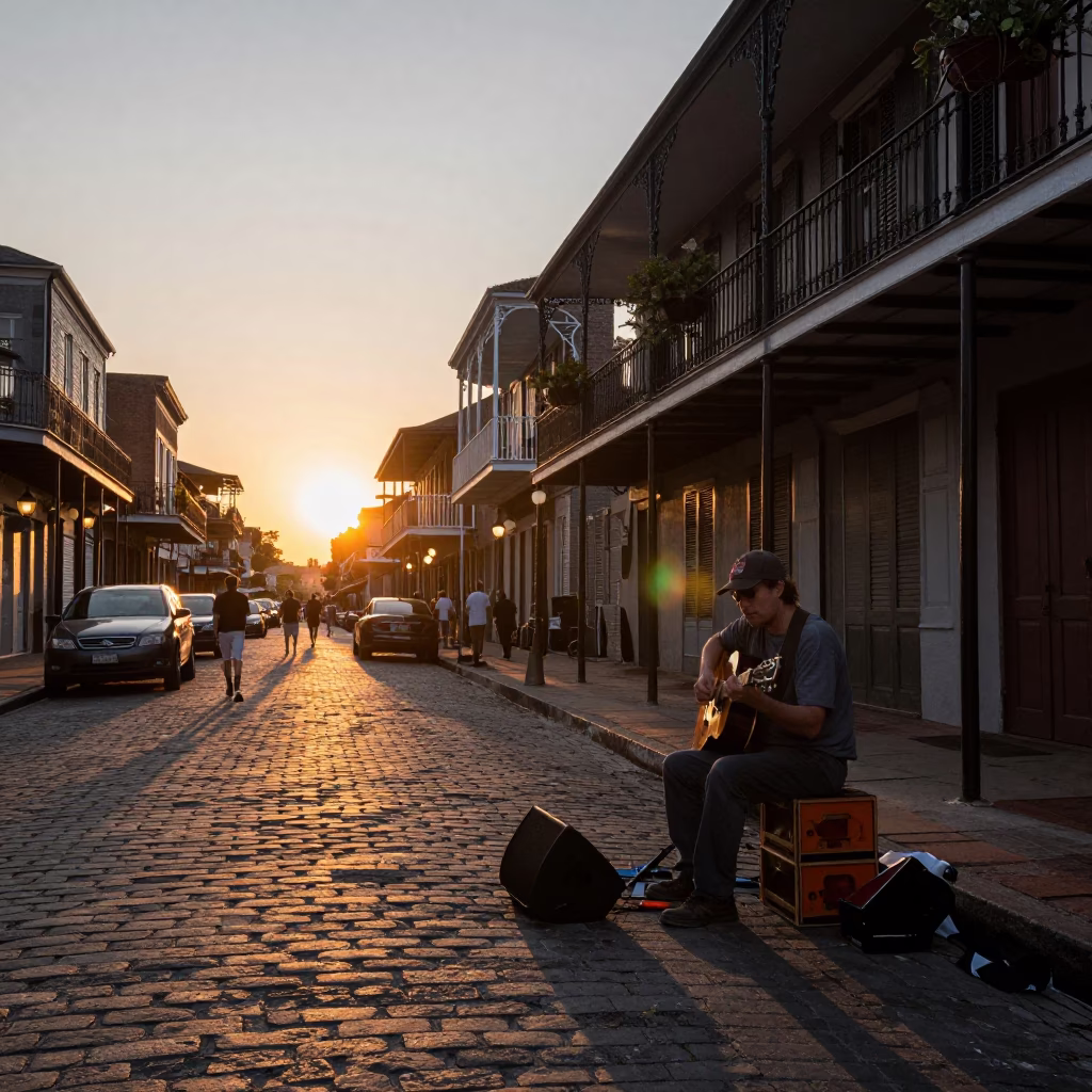 New Orleans French Quarter street musician playing guitar at sunset with historic architecture in in New Orleans, Louisiana, United States